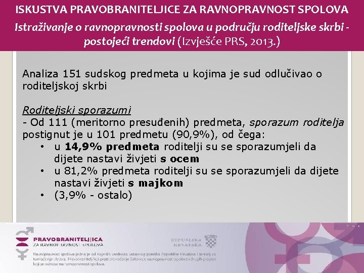 ISKUSTVA PRAVOBRANITELJICE ZA RAVNOPRAVNOST SPOLOVA Istraživanje o ravnopravnosti spolova u području roditeljske skrbi postojeći