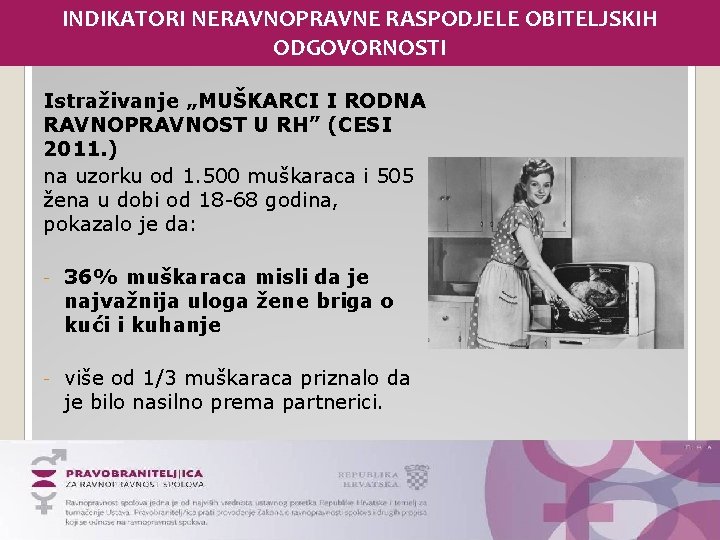 INDIKATORI NERAVNOPRAVNE RASPODJELE OBITELJSKIH ODGOVORNOSTI Istraživanje „MUŠKARCI I RODNA RAVNOPRAVNOST U RH” (CESI 2011.