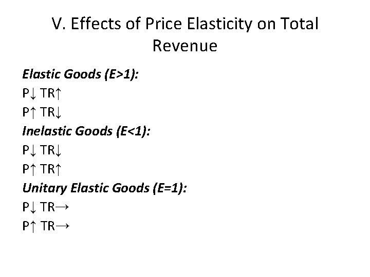 V. Effects of Price Elasticity on Total Revenue Elastic Goods (E>1): P↓ TR↑ P↑