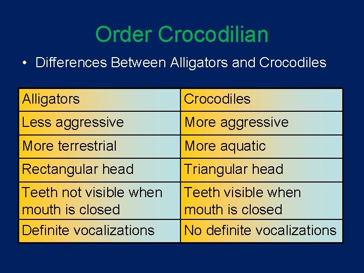Order Crocodilian • Differences Between Alligators and Crocodiles Alligators Crocodiles Less aggressive More terrestrial