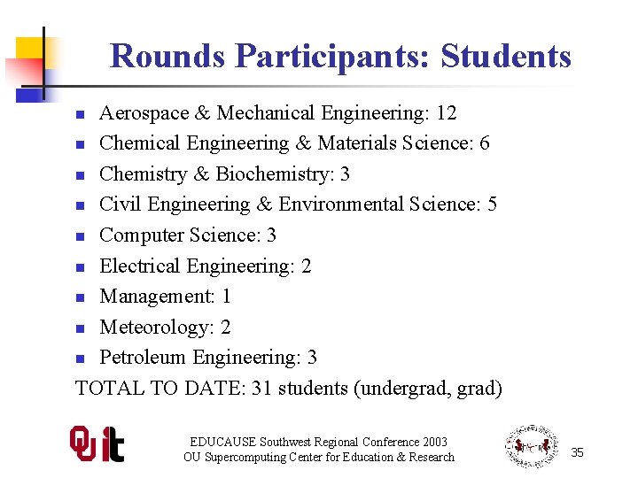 Rounds Participants: Students Aerospace & Mechanical Engineering: 12 n Chemical Engineering & Materials Science: