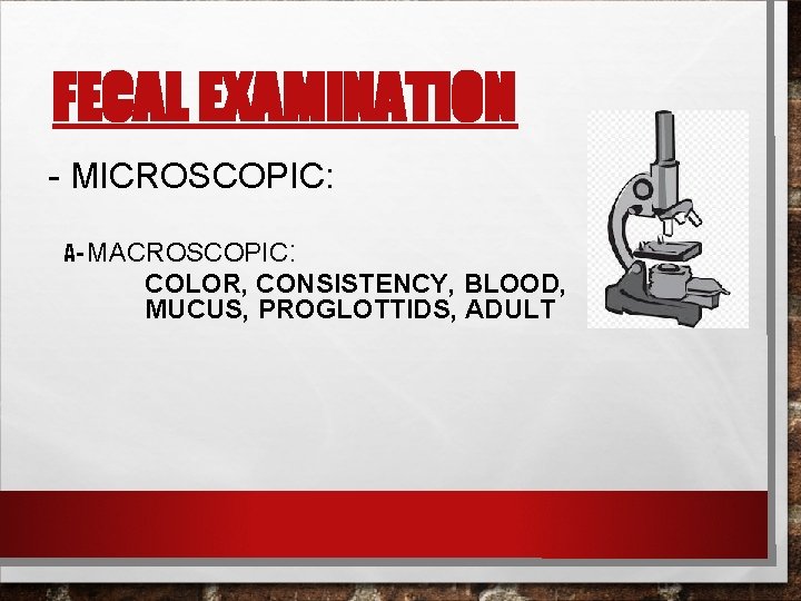 FECAL EXAMINATION - MICROSCOPIC: A- MACROSCOPIC: COLOR, CONSISTENCY, BLOOD, MUCUS, PROGLOTTIDS, ADULT 