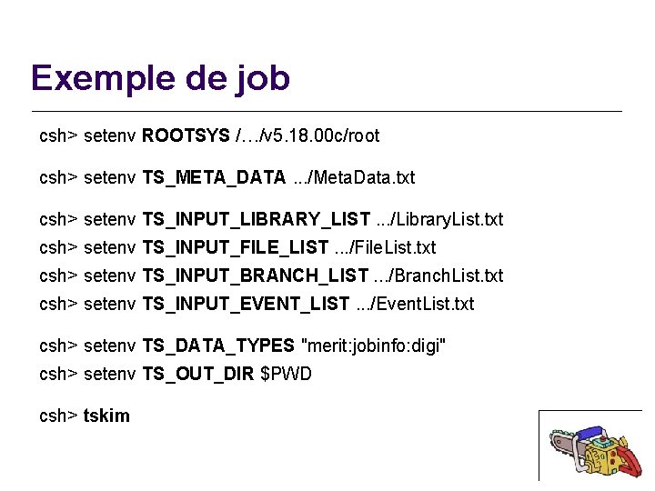 Exemple de job csh> setenv ROOTSYS /…/v 5. 18. 00 c/root csh> setenv TS_META_DATA.