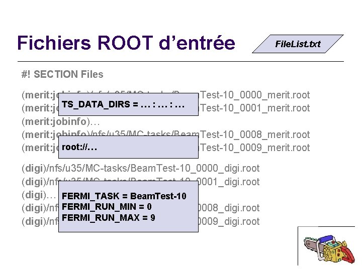 Fichiers ROOT d’entrée File. List. txt #! SECTION Files (merit: jobinfo)/nfs/u 35/MC-tasks/Beam. Test-10_0000_merit. root