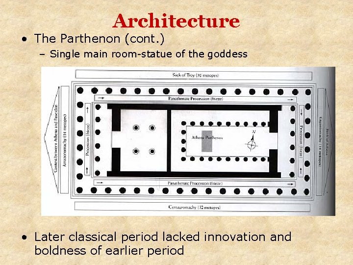 Architecture • The Parthenon (cont. ) – Single main room-statue of the goddess •