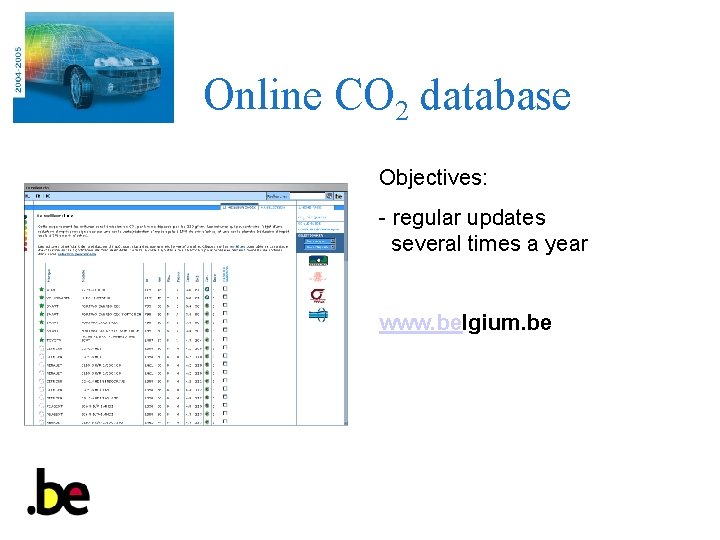 Online CO 2 database Objectives: - regular updates several times a year www. belgium.