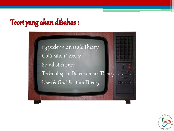 Teori yang akan dibahas : • • • Hypodermic Needle Theory Cultivation Theory Spiral