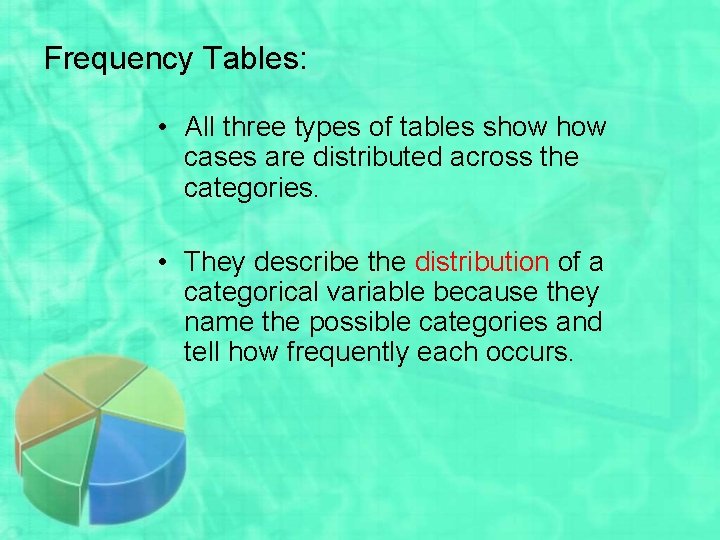 Frequency Tables: • All three types of tables show cases are distributed across the