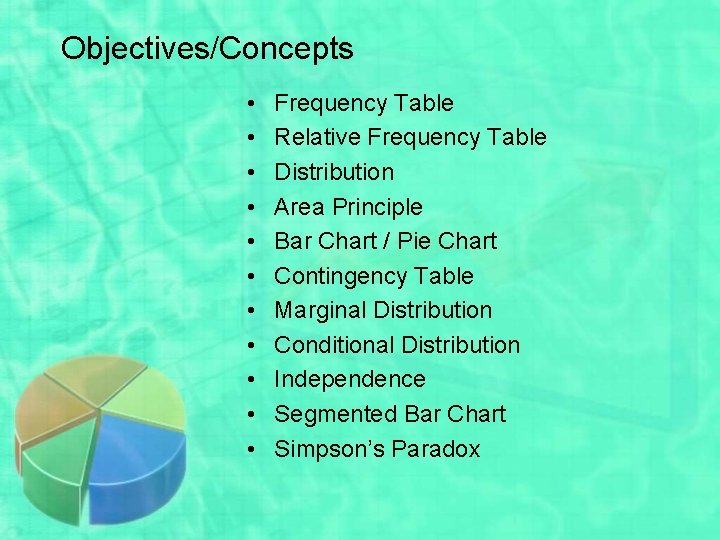 Objectives/Concepts • • • Frequency Table Relative Frequency Table Distribution Area Principle Bar Chart