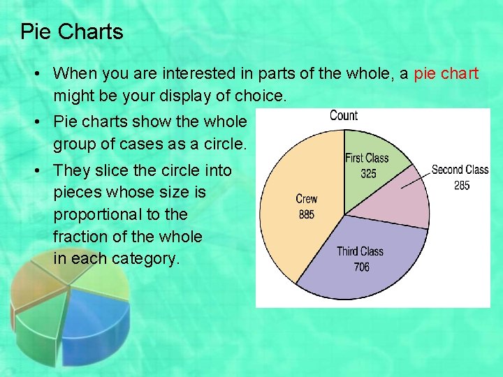 Pie Charts • When you are interested in parts of the whole, a pie
