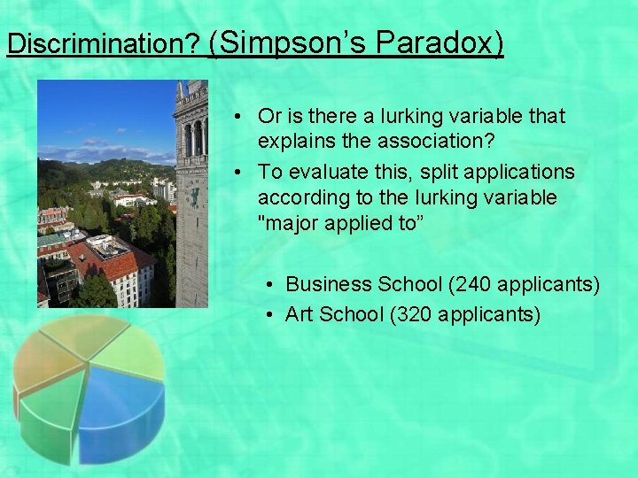 Discrimination? (Simpson’s Paradox) • Or is there a lurking variable that explains the association?