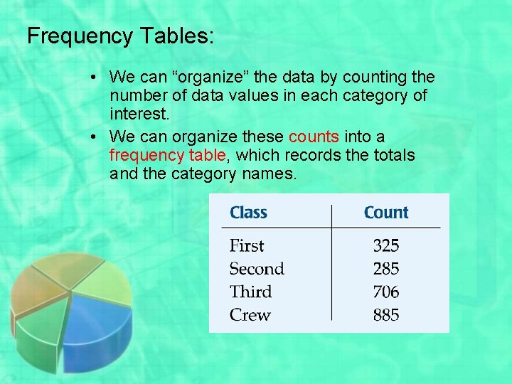 Frequency Tables: • We can “organize” the data by counting the number of data