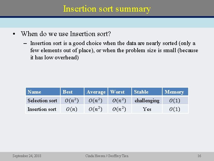 Insertion sort summary • When do we use Insertion sort? – Insertion sort is