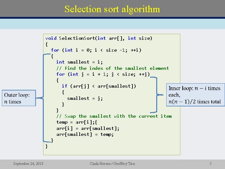 Selection sort algorithm void Selection. Sort(int arr[], int size) { for (int i =