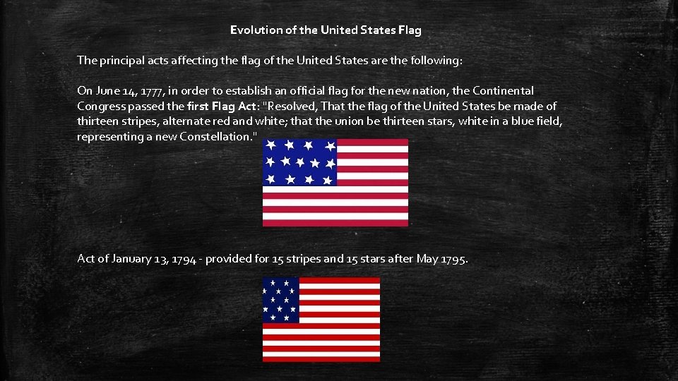 Evolution of the United States Flag The principal acts affecting the flag of the