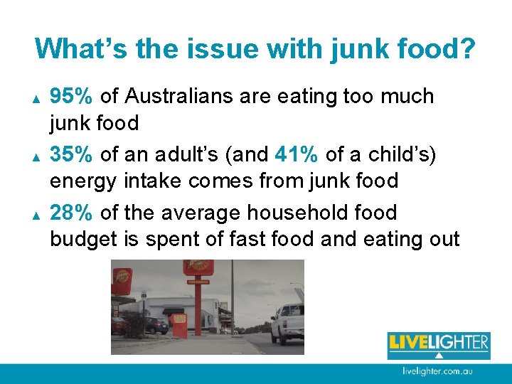 What’s the issue with junk food? ▲ ▲ ▲ 95% of Australians are eating