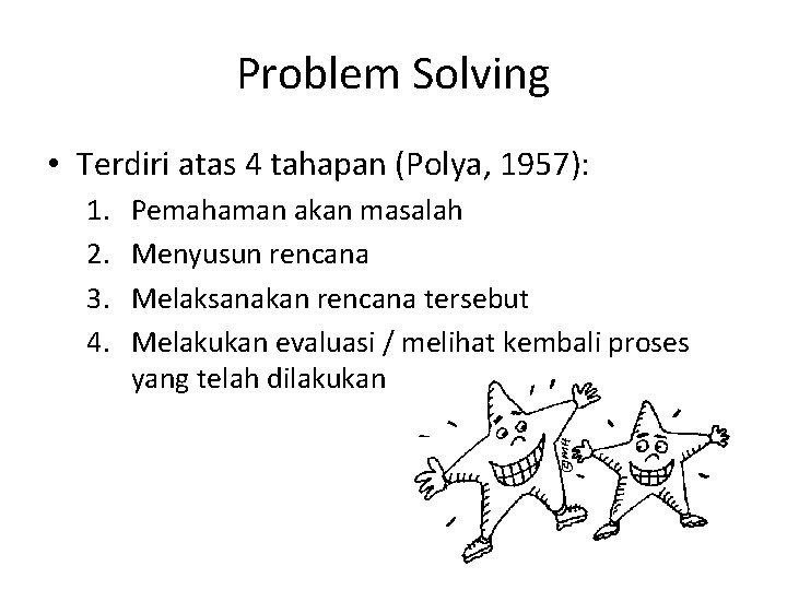 Problem Solving • Terdiri atas 4 tahapan (Polya, 1957): 1. 2. 3. 4. Pemahaman