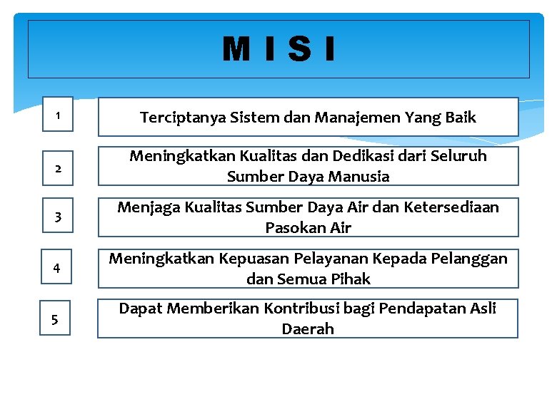 MISI 1 Terciptanya Sistem dan Manajemen Yang Baik 2 Meningkatkan Kualitas dan Dedikasi dari