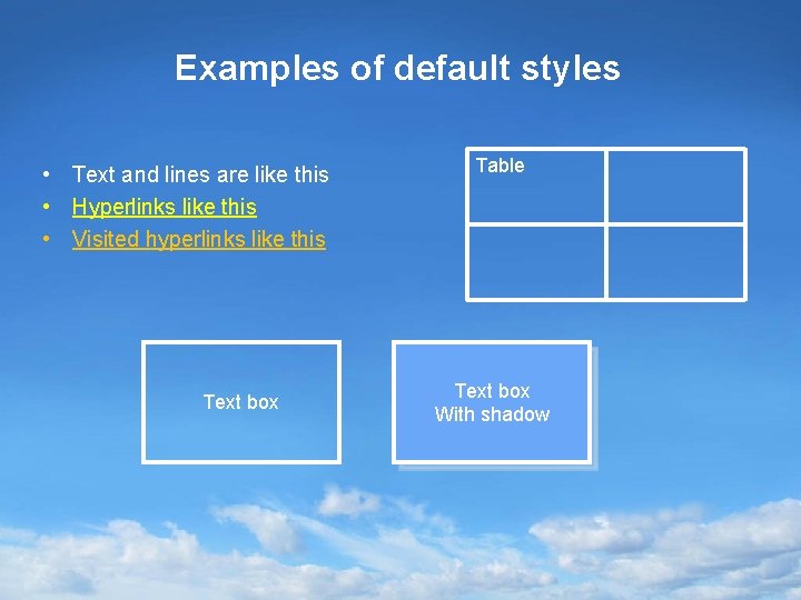 Examples of default styles • Text and lines are like this • Hyperlinks like