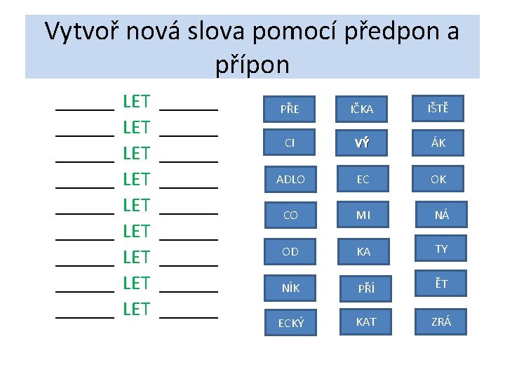 Vytvoř nová slova pomocí předpon a přípon ______ ______ ______ LET LET LET ______