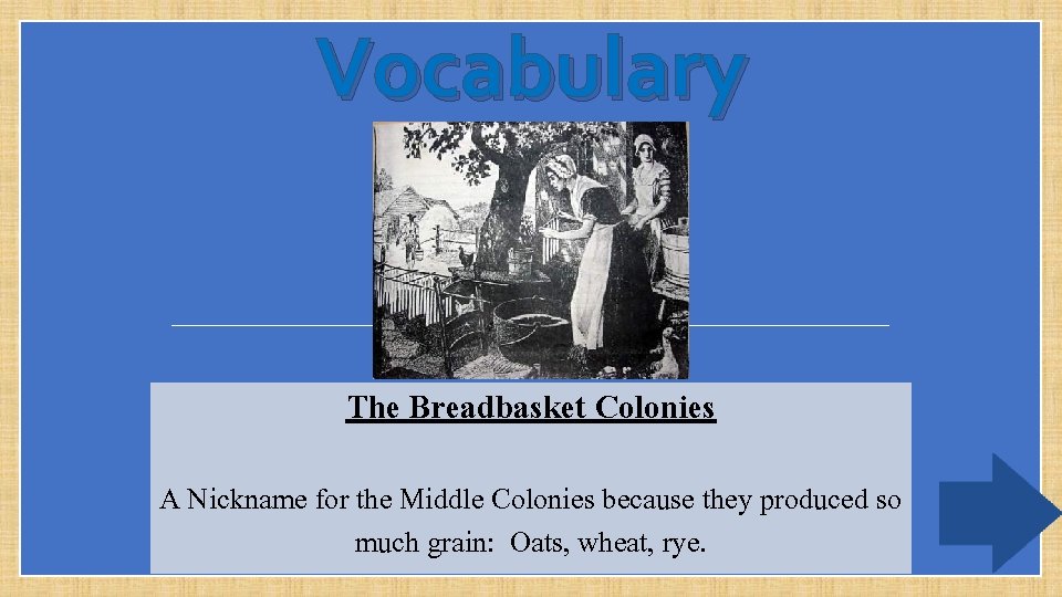 Vocabulary The Breadbasket Colonies A Nickname for the Middle Colonies because they produced so
