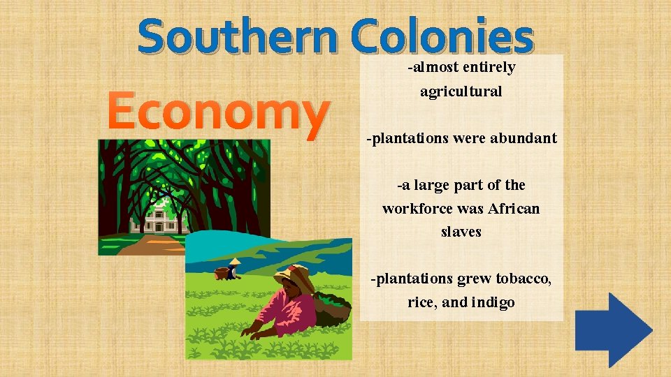 Southern Colonies Economy -almost entirely agricultural -plantations were abundant -a large part of the
