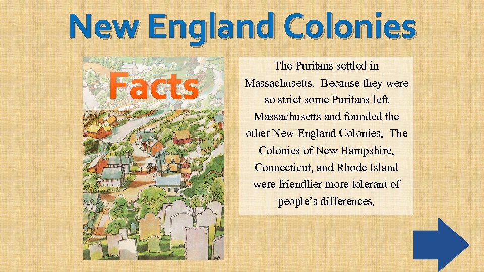 New England Colonies Facts The Puritans settled in Massachusetts. Because they were so strict