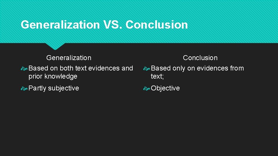 Generalization VS. Conclusion Generalization Conclusion Based on both text evidences and prior knowledge Based