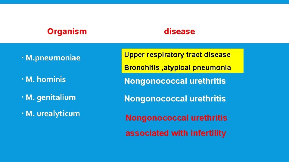 Organism M. pneumoniae disease Upper respiratory tract disease Bronchitis , atypical pneumonia M. hominis