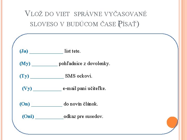 VLOŽ DO VIET SPRÁVNE VYČASOVANÉ SLOVESO V BUDÚCOM ČASE (Ja) _______ list tete. (My)