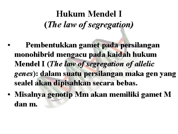 Hukum Mendel I (The law of segregation) • Pembentukkan gamet pada persilangan monohibrid mengacu