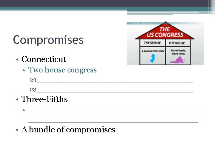 Compromises • Connecticut ▫ Two house congress __________________________________ • Three-Fifths ▫ __________________________________ • A
