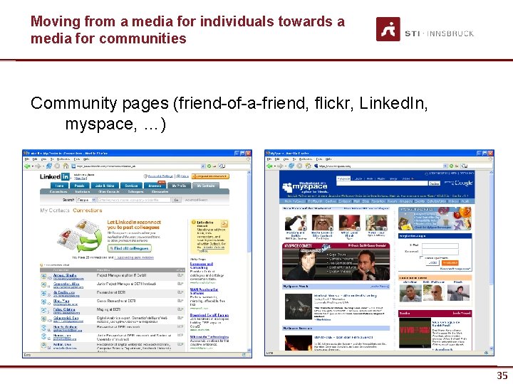 Moving from a media for individuals towards a media for communities Community pages (friend-of-a-friend,