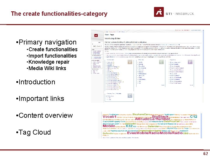 The create functionalities-category • Primary navigation • Create functionalities • Import functionalities • Knowledge