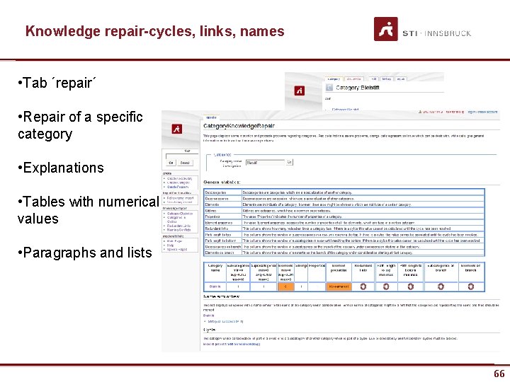 Knowledge repair-cycles, links, names • Tab ´repair´ • Repair of a specific category •