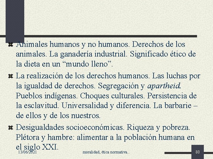 Animales humanos y no humanos. Derechos de los animales. La ganadería industrial. Significado ético