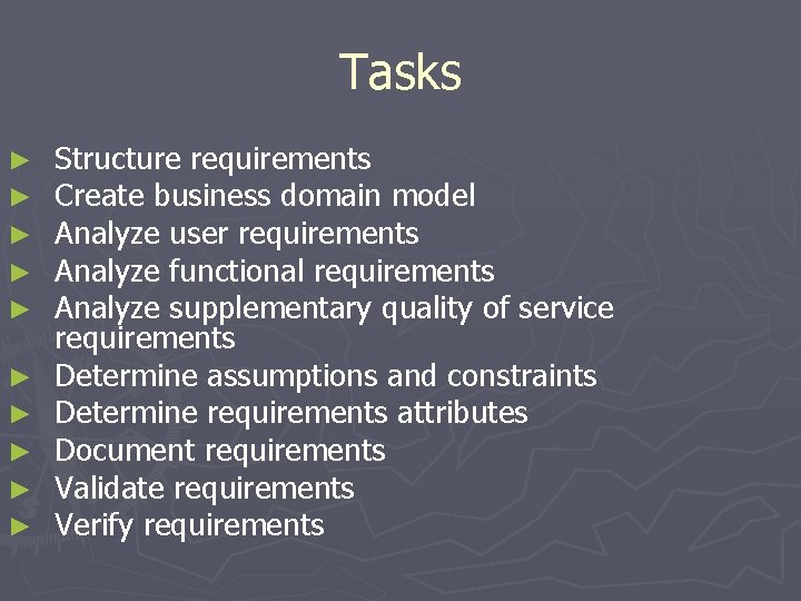 Tasks ► ► ► ► ► Structure requirements Create business domain model Analyze user