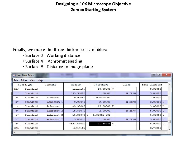 Designing a 10 X Microscope Objective Zemax Starting System Finally, we make three thicknesses