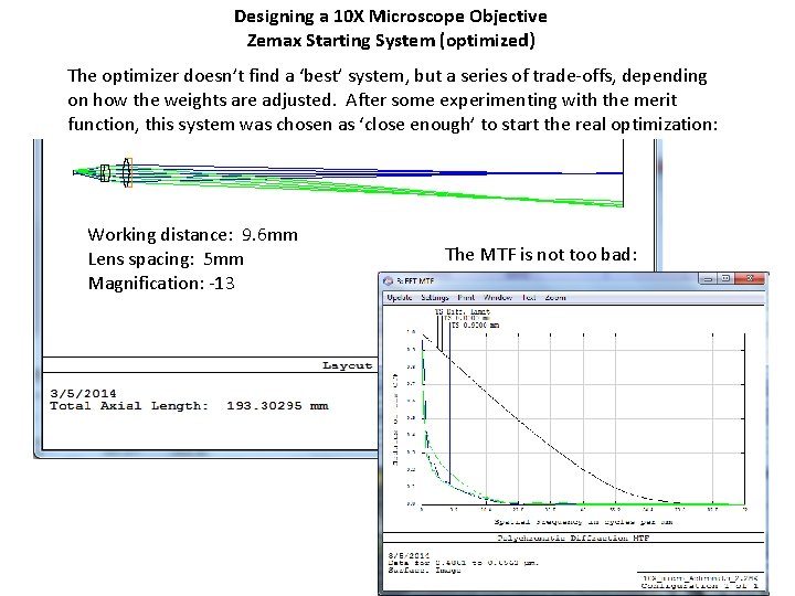 Designing a 10 X Microscope Objective Zemax Starting System (optimized) The optimizer doesn’t find