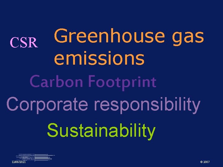 Greenhouse gas CSR emissions Carbon Footprint Corporate responsibility Sustainability 12/06/2021 © 2007 