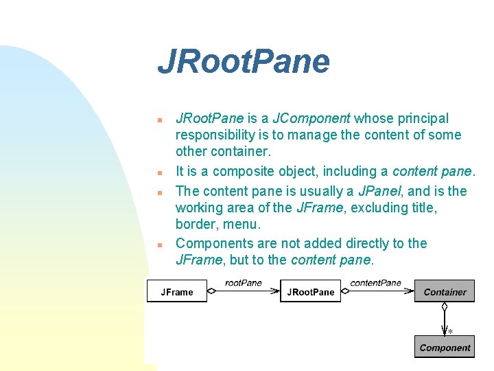 JRoot. Pane n n JRoot. Pane is a JComponent whose principal responsibility is to JRoot. Pane n n JRoot. Pane is a JComponent whose principal responsibility is to