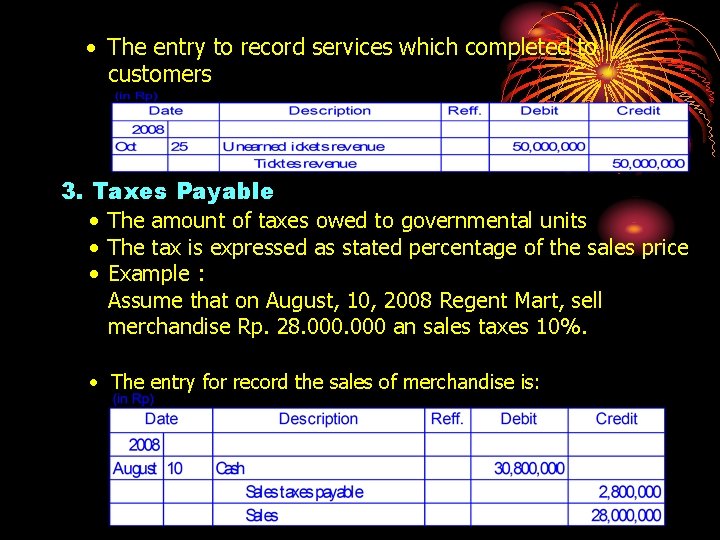  • The entry to record services which completed to customers 3. Taxes Payable