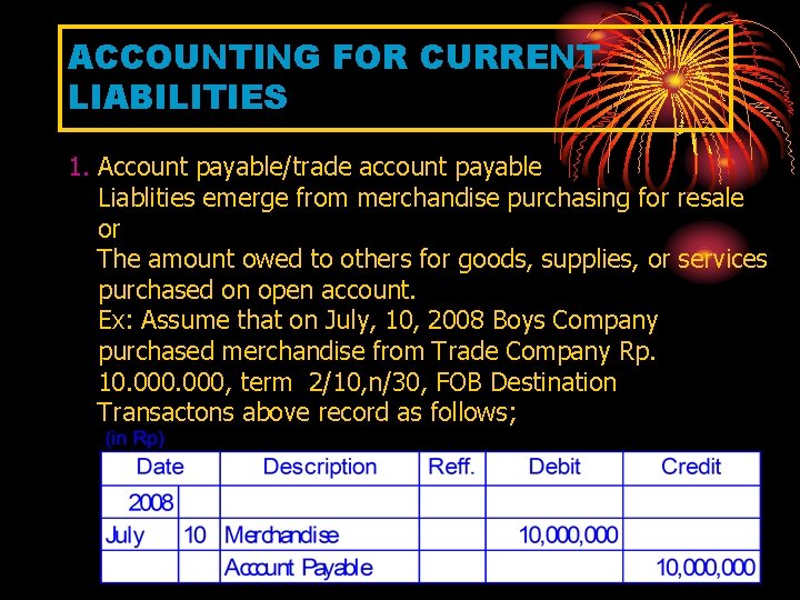 ACCOUNTING FOR CURRENT LIABILITIES 1. Account payable/trade account payable Liablities emerge from merchandise purchasing