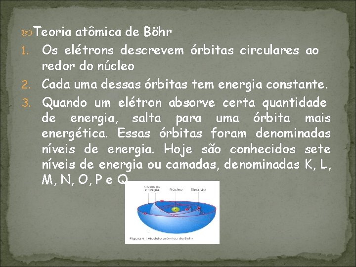  Teoria atômica de Böhr Os elétrons descrevem órbitas circulares ao redor do núcleo