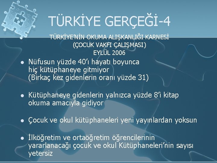 TÜRKİYE GERÇEĞİ-4 TÜRKİYE’NİN OKUMA ALIŞKANLIĞI KARNESİ (ÇOCUK VAKFI ÇALIŞMASI) EYLÜL 2006 l Nüfusun yüzde