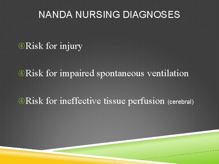 NANDA NURSING DIAGNOSES Risk for injury Risk for impaired spontaneous ventilation Risk for ineffective