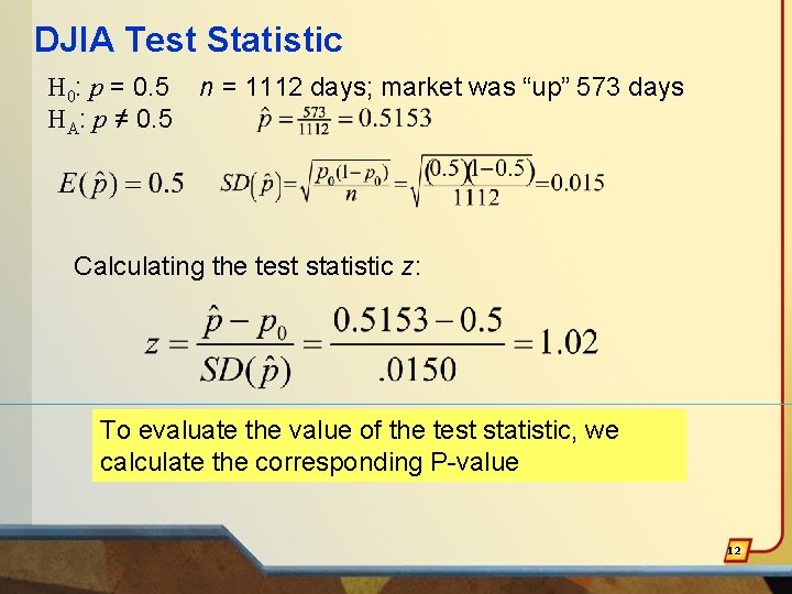 DJIA Test Statistic H 0: p = 0. 5 HA: p ≠ 0. 5