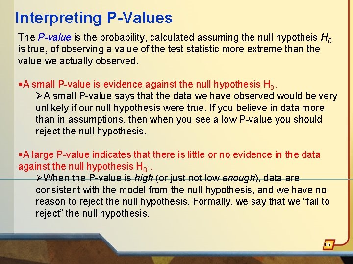 Interpreting P-Values The P-value is the probability, calculated assuming the null hypotheis H 0