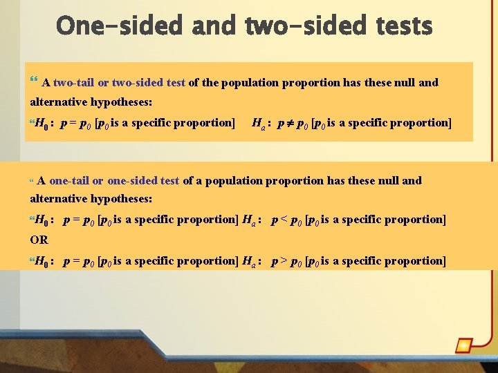 One-sided and two-sided tests A two-tail or two-sided test of the population proportion has