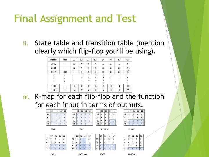 Final Assignment and Test ii. State table and transition table (mention clearly which flip-flop